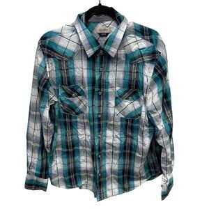 Anchor blue Y2K pearl snap western plaid shirt men’s large blue green